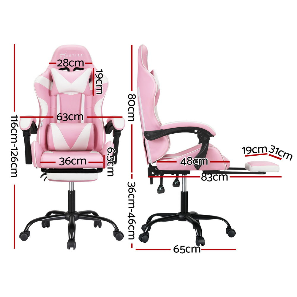 Artiss 2 Point Massage Gaming Office Chair Footrest Pink-Furniture > Bar Stools & Chairs-PEROZ Accessories