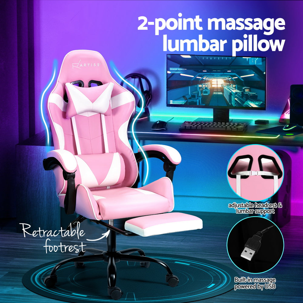 Artiss 2 Point Massage Gaming Office Chair Footrest Pink-Furniture > Bar Stools & Chairs-PEROZ Accessories