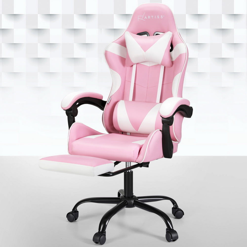 Artiss 2 Point Massage Gaming Office Chair Footrest Pink-Furniture > Bar Stools & Chairs-PEROZ Accessories