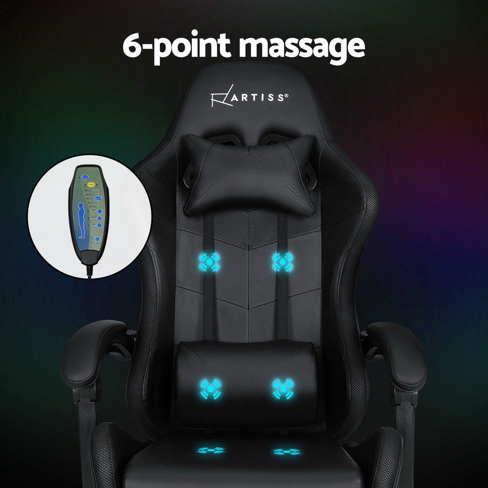 Artiss 6 Point Massage Gaming Office Chair 7 LED Footrest Black-Furniture > Office-PEROZ Accessories