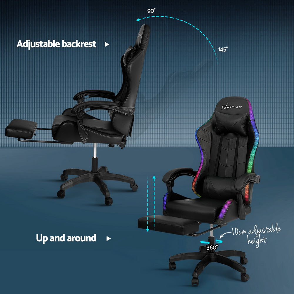 Artiss 6 Point Massage Gaming Office Chair 7 LED Footrest Black-Furniture > Office-PEROZ Accessories
