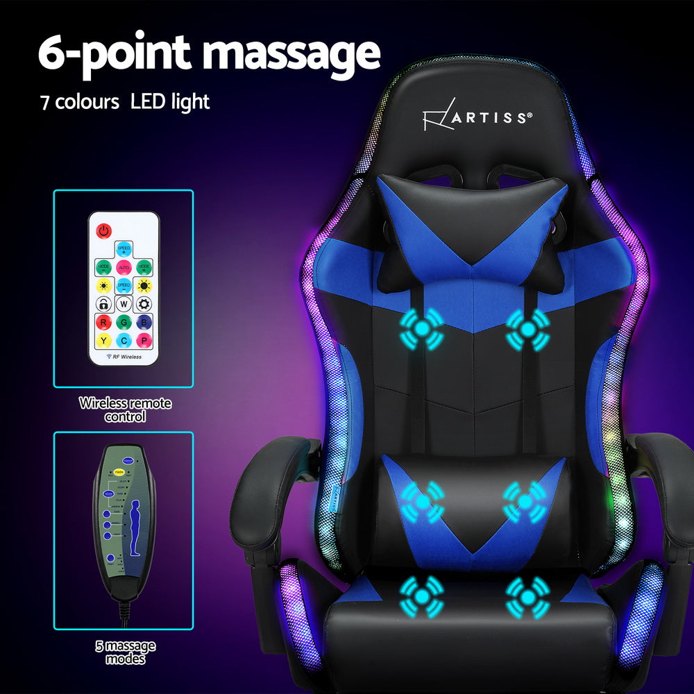 Artiss 6 Point Massage Gaming Office Chair 7 LED Footrest Blue-Furniture > Bar Stools & Chairs-PEROZ Accessories