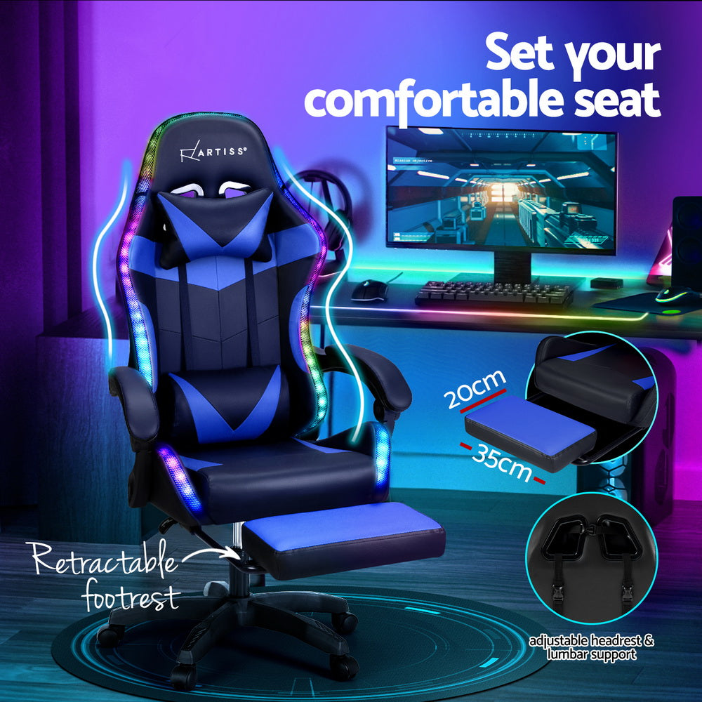 Artiss 6 Point Massage Gaming Office Chair 7 LED Footrest Blue-Furniture > Bar Stools & Chairs-PEROZ Accessories