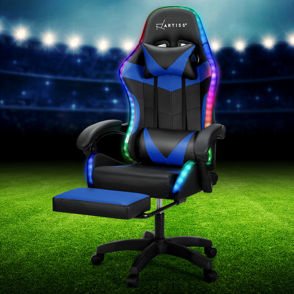 Artiss 6 Point Massage Gaming Office Chair 7 LED Footrest Blue-Furniture > Bar Stools & Chairs-PEROZ Accessories