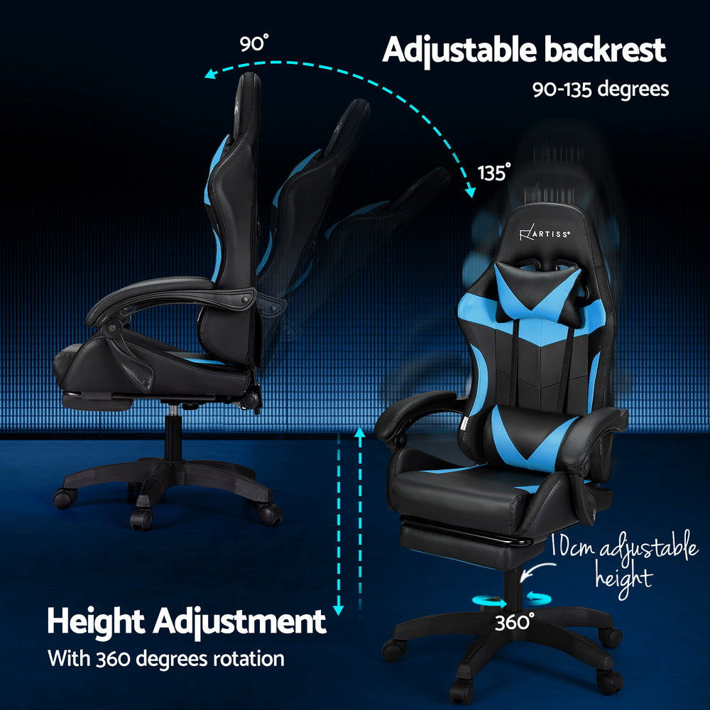 Artiss 6 Point Massage Gaming Office Chair 7 LED Footrest Cyan Blue-Furniture > Bar Stools & Chairs-PEROZ Accessories