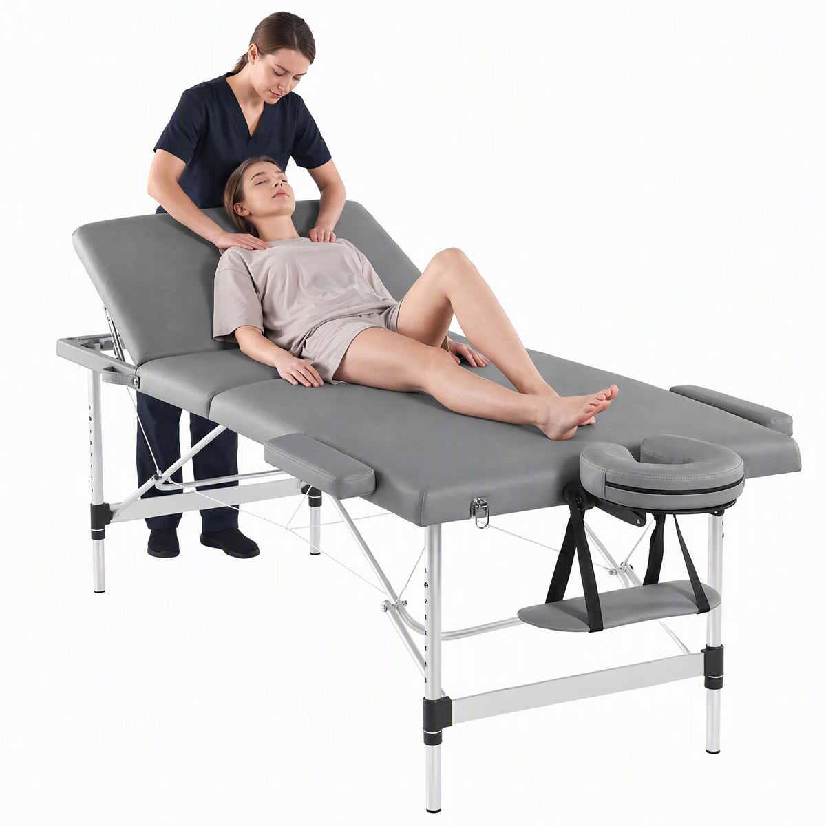 Zenses 3-Fold Portable Massage Table 80cm Adjustable Backrest & Height, Aluminium Beauty Bed Grey-Health & Beauty > Massage & Relaxation > Massage Tables-PEROZ Accessories