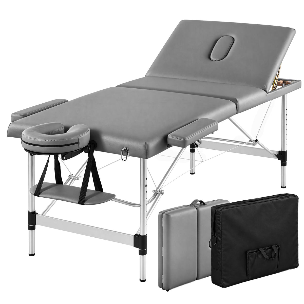 Zenses 3-Fold Portable Massage Table 75cm Adjustable Backrest & Height, Aluminium Beauty Bed Grey-Health & Beauty > Massage & Relaxation > Massage Tables-PEROZ Accessories
