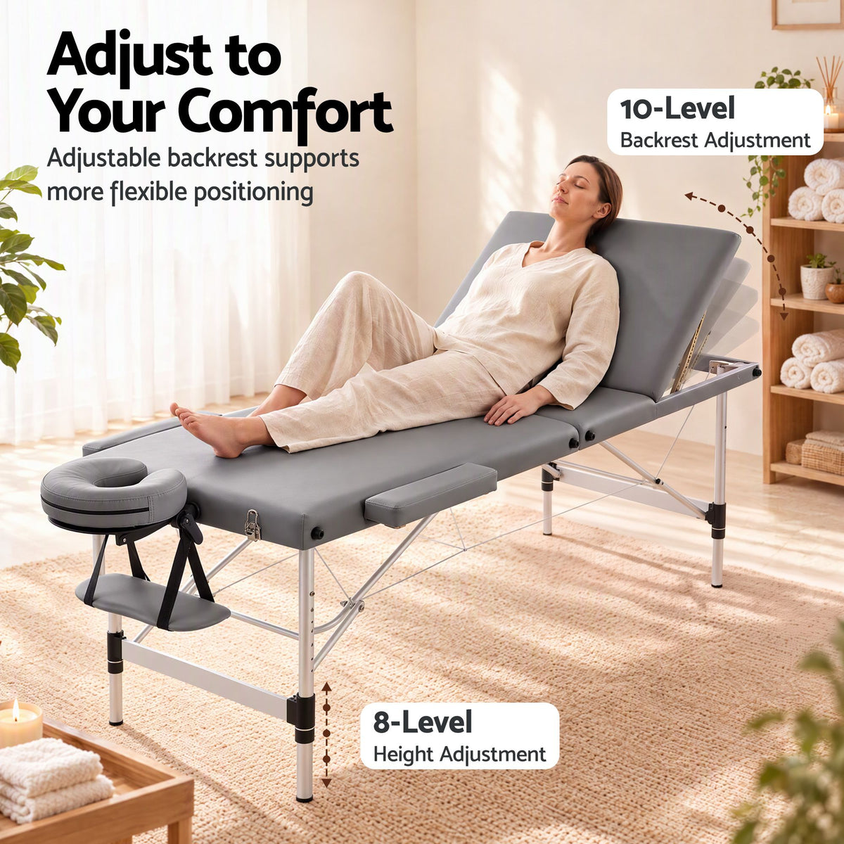 Zenses 3-Fold Portable Massage Table 75cm Adjustable Backrest & Height, Aluminium Beauty Bed Grey-Health & Beauty > Massage & Relaxation > Massage Tables-PEROZ Accessories