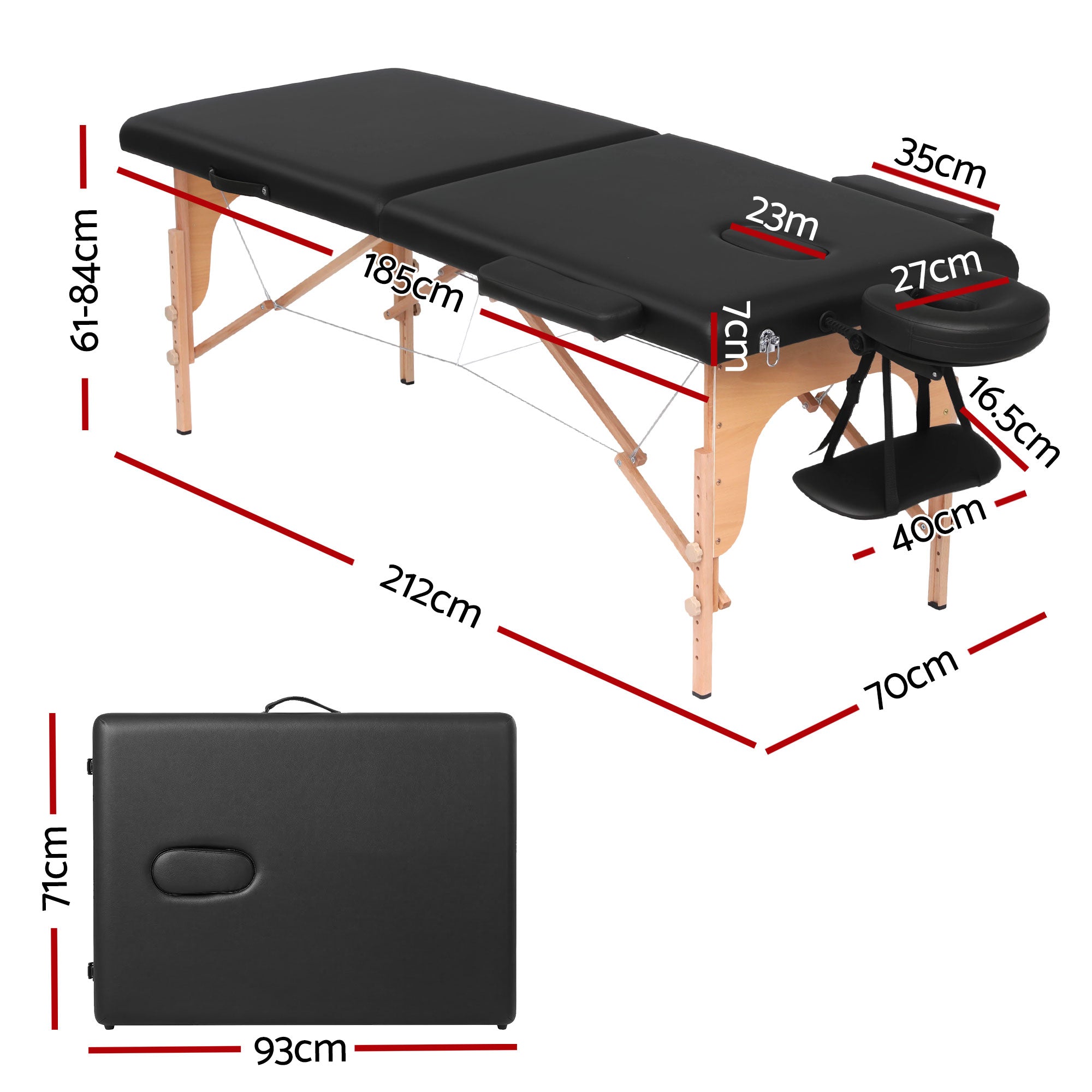 Zenses Massage Table 70cm Portable 2 Fold Wooden Beauty Waxing Therapy Bed Black-Health & Beauty > Massage & Relaxation > Massage Tables-PEROZ Accessories
