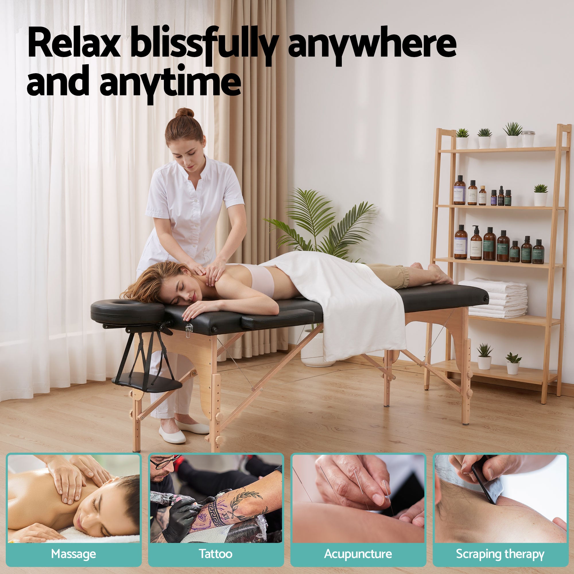 Zenses Massage Table 70cm Portable 2 Fold Wooden Beauty Waxing Therapy Bed Black-Health & Beauty > Massage & Relaxation > Massage Tables-PEROZ Accessories