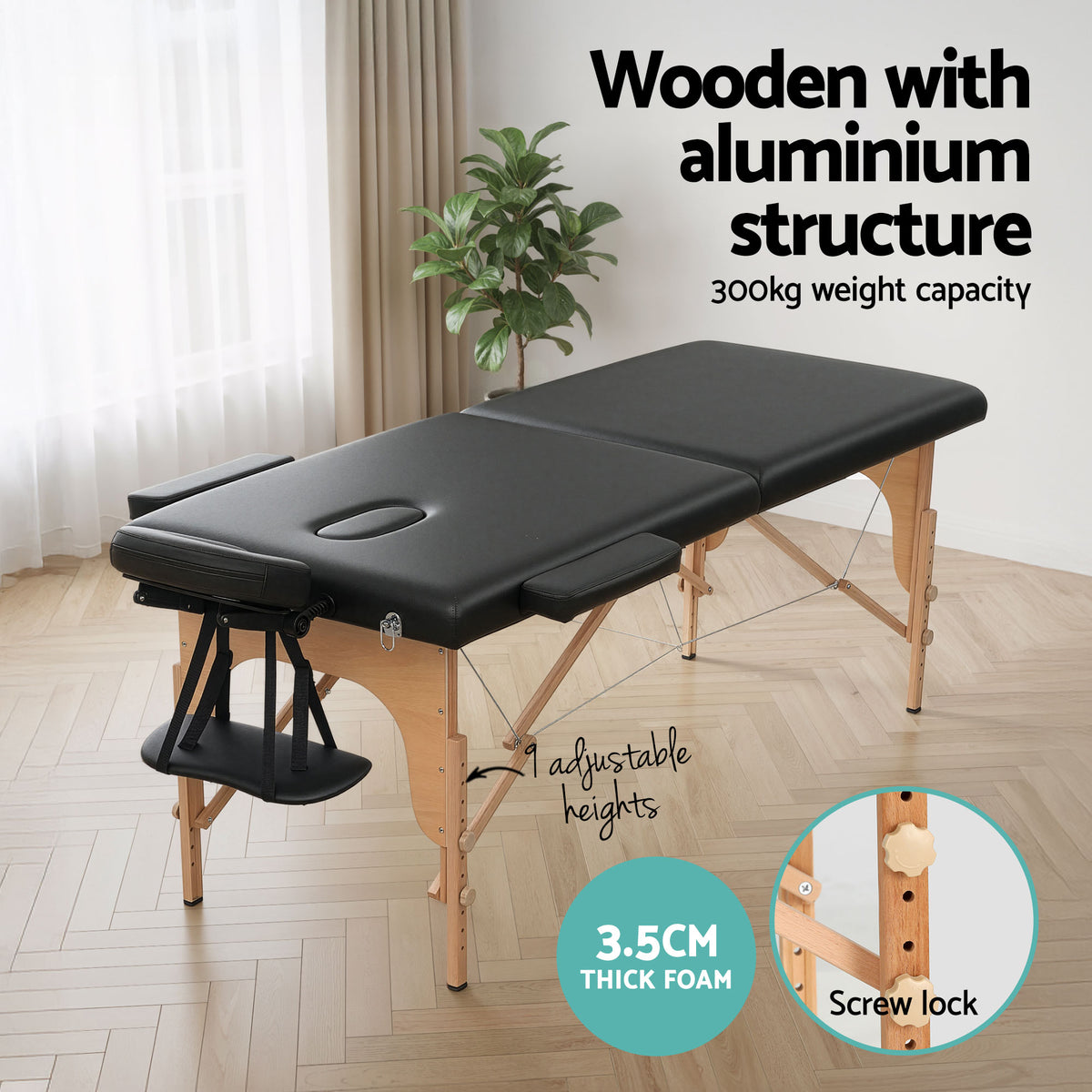 Zenses Massage Table 70cm Portable 2 Fold Wooden Beauty Waxing Therapy Bed Black-Health & Beauty > Massage & Relaxation > Massage Tables-PEROZ Accessories