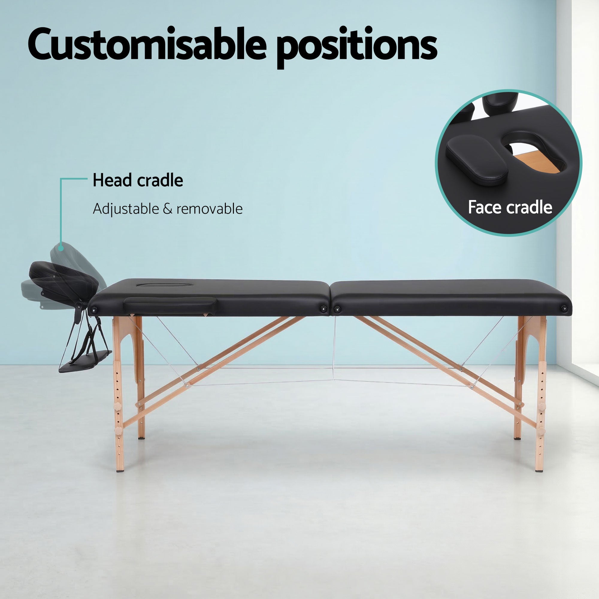 Zenses Massage Table 70cm Portable 2 Fold Wooden Beauty Waxing Therapy Bed Black-Health & Beauty > Massage & Relaxation > Massage Tables-PEROZ Accessories