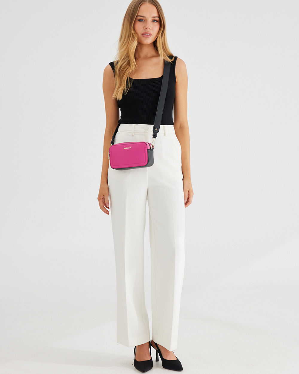 Maddie Double Zip Camera Crossbody Bag + Monogram Stripe Bag Strap-Handbags-PEROZ Accessories