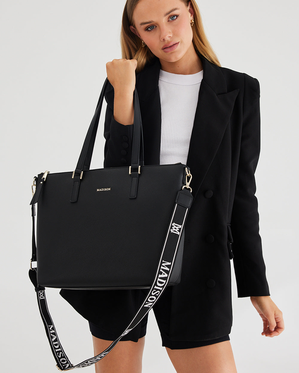 Inga Large Zip Top Tote Bag With Laptop Pocket + Monogram Stripe Bag Strap-Handbags-PEROZ Accessories