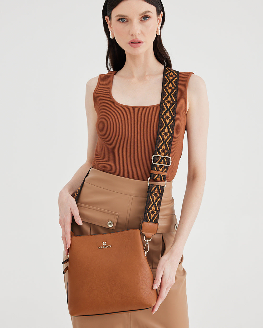 Joanie 3 Compartment Crossbody Bucket Bag + Aztec Bag Strap-Crossbody Bags-PEROZ Accessories