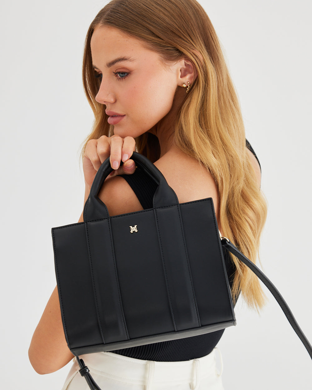 Nova Small Grab Tote With Monogram Stripe Strap-Handbags-PEROZ Accessories