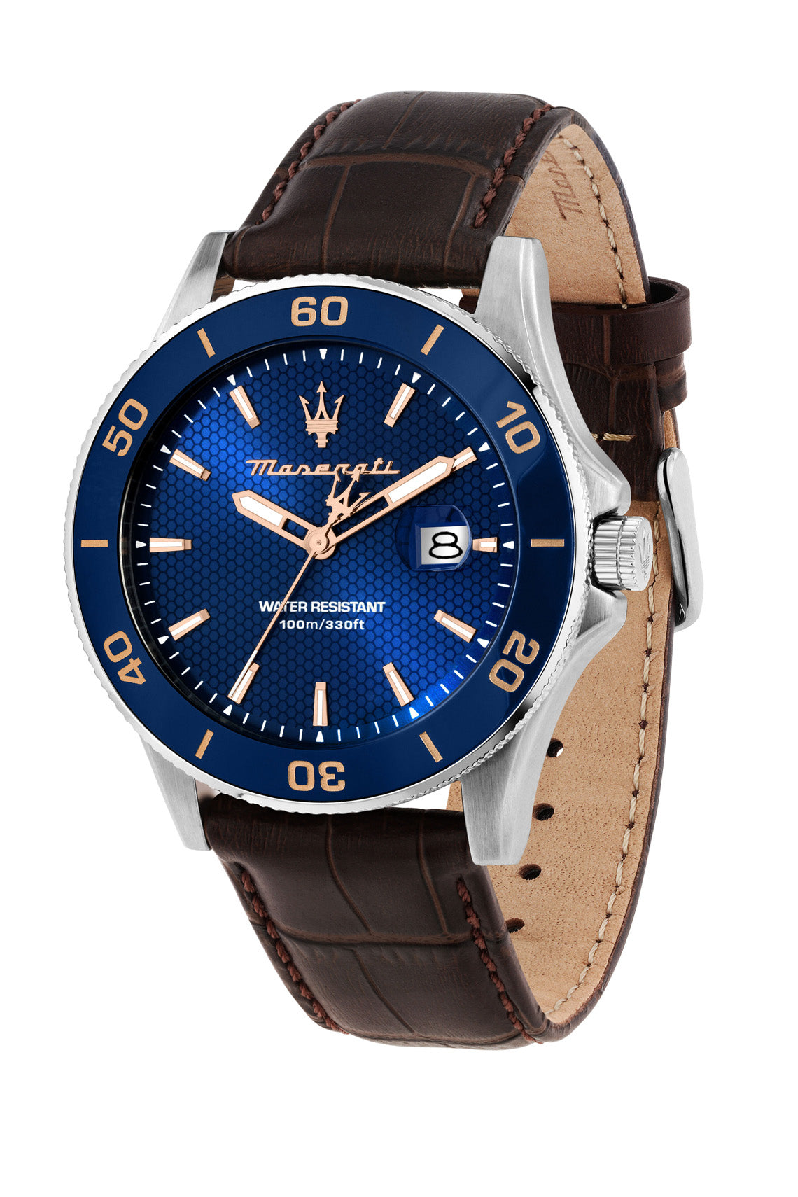 Maserati Competizione 43mm Blue Dial Brown Leather Strap Watch-PEROZ Accessories
