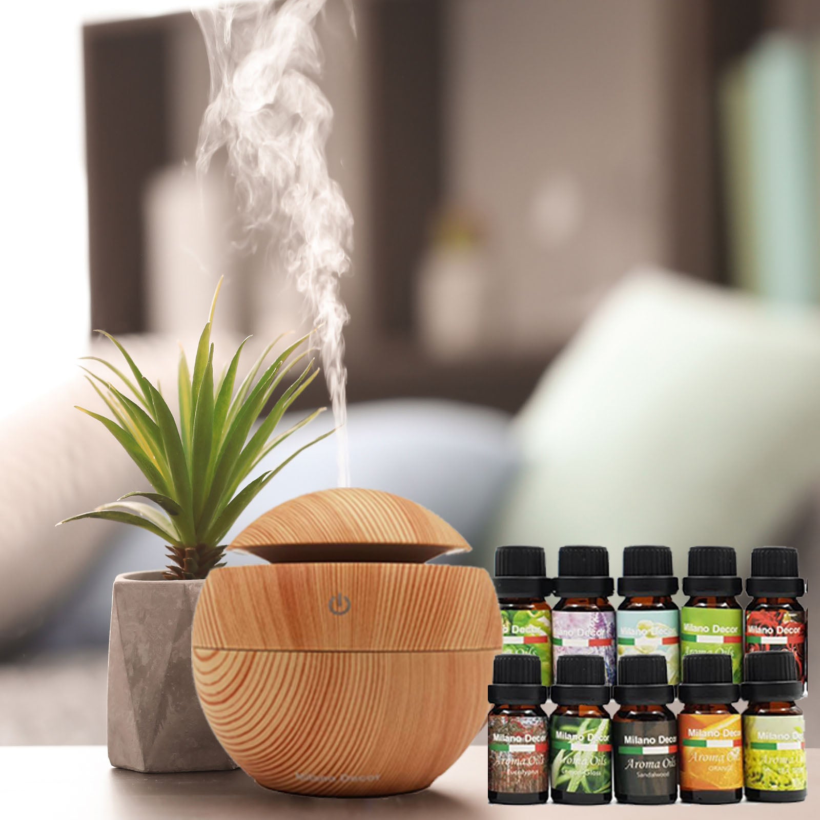 Milano Ultrasonic USB Diffuser with 10 Aroma Oils Humidifier LED Light 130ml - Light Wood-Appliances > Aroma Diffusers & Humidifiers > Aroma Diffusers-PEROZ Accessories
