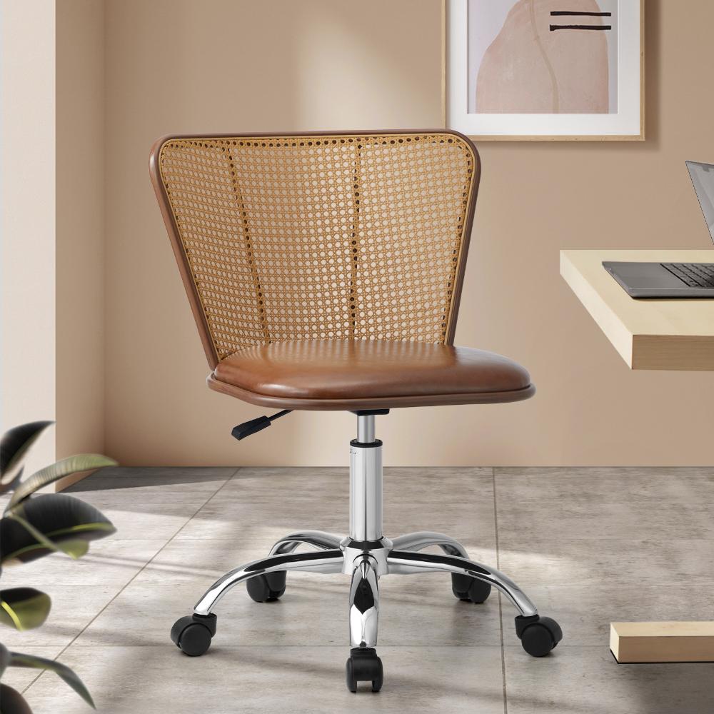 Oikiture Rattan Office Chair PU Leather Seat Dark Brown-Office Chairs-PEROZ Accessories