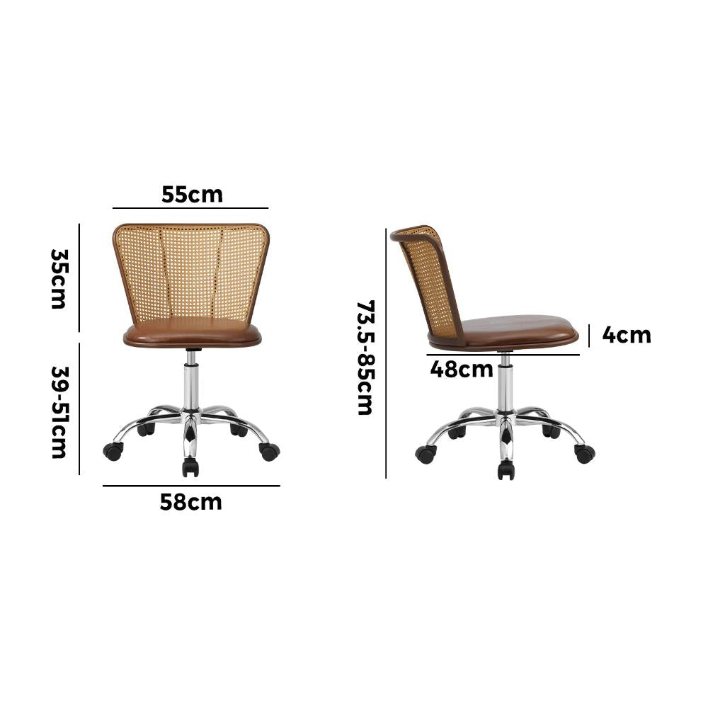 Oikiture Rattan Office Chair PU Leather Seat Dark Brown-Office Chairs-PEROZ Accessories