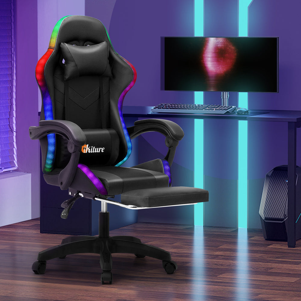 Oikiture Racing Gaming Chair 7 RGB LED 8 Points Massage Black-Racing Gaming Chairs-PEROZ Accessories