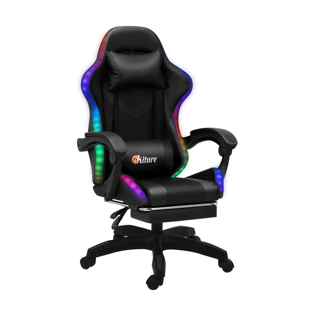 Oikiture Racing Gaming Chair 7 RGB LED 8 Points Massage Black-Racing Gaming Chairs-PEROZ Accessories