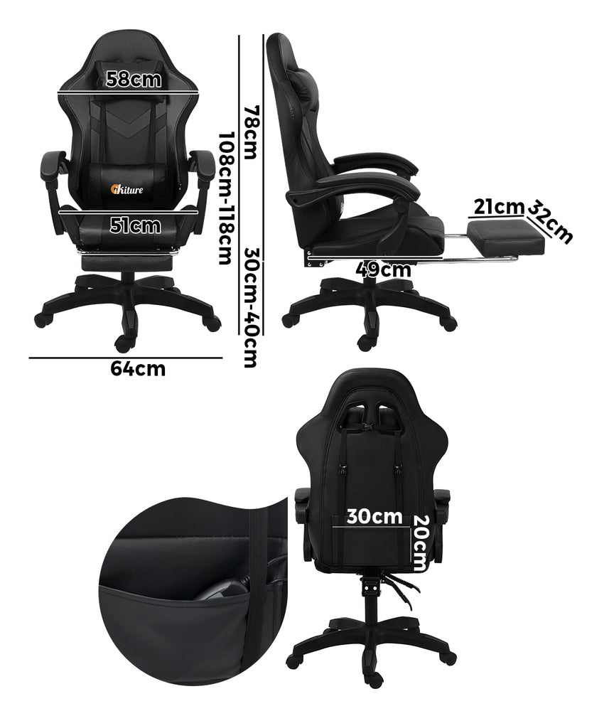 Oikiture Racing Gaming Chair 7 RGB LED 8 Points Massage Black-Racing Gaming Chairs-PEROZ Accessories