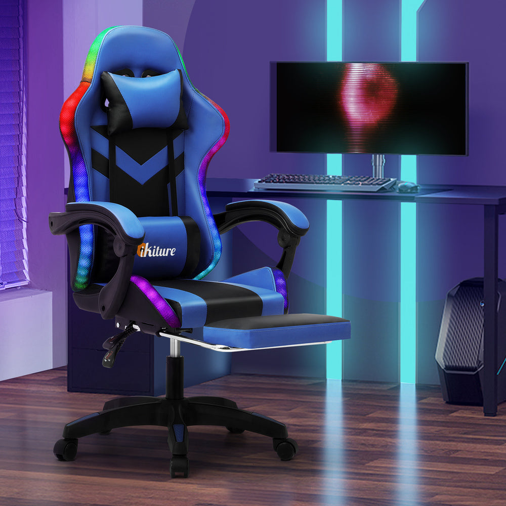 Oikiture Racing Gaming Chair 7 RGB LED 8 Points Massage Black&Blue-Racing Gaming Chairs-PEROZ Accessories