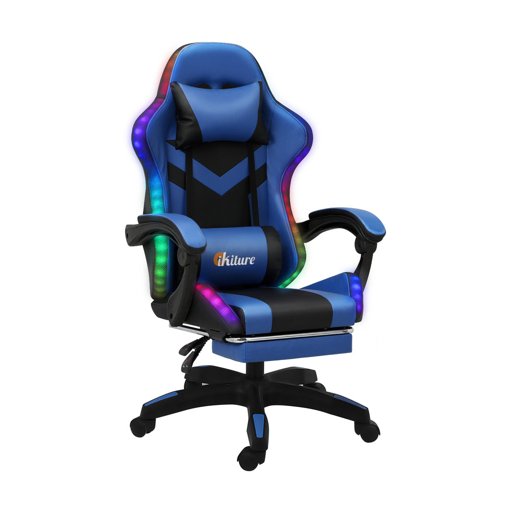 Oikiture Racing Gaming Chair 7 RGB LED 8 Points Massage Black&Blue-Racing Gaming Chairs-PEROZ Accessories