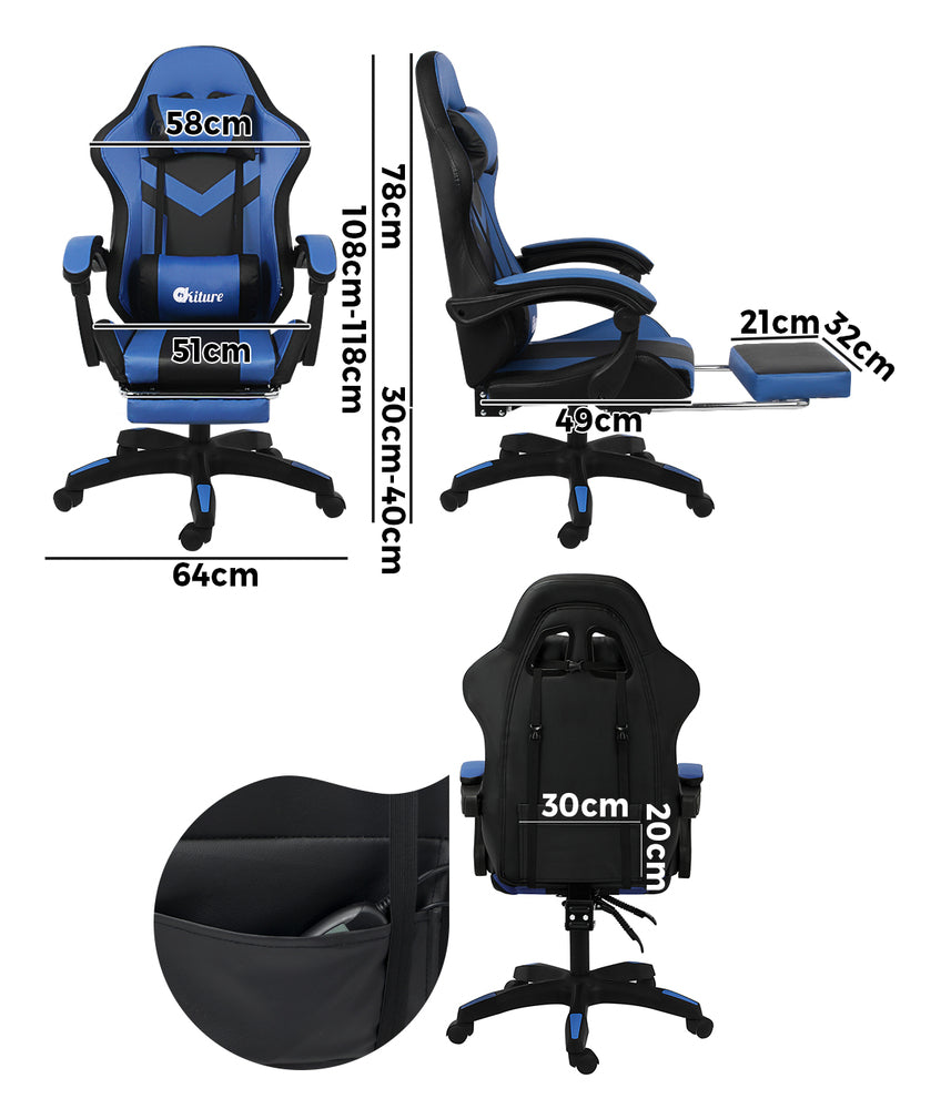 Oikiture Racing Gaming Chair 7 RGB LED 8 Points Massage Black&Blue-Racing Gaming Chairs-PEROZ Accessories