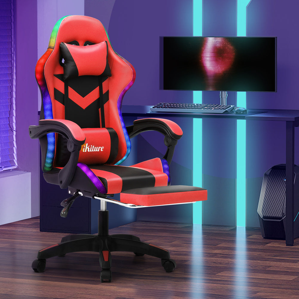 Oikiture Racing Gaming Chair 7 RGB LED 8 Points Massage Black&Red-Racing Gaming Chairs-PEROZ Accessories