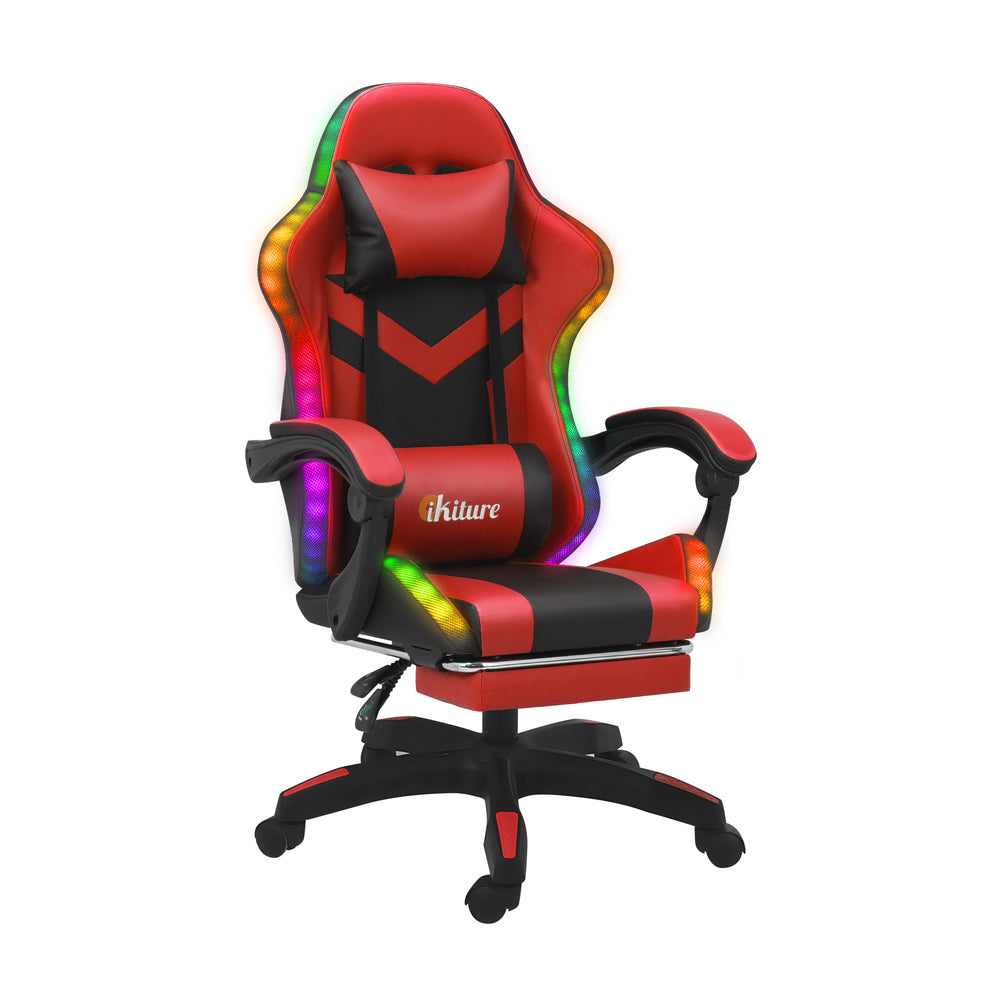 Oikiture Racing Gaming Chair 7 RGB LED 8 Points Massage Black&Red-Racing Gaming Chairs-PEROZ Accessories