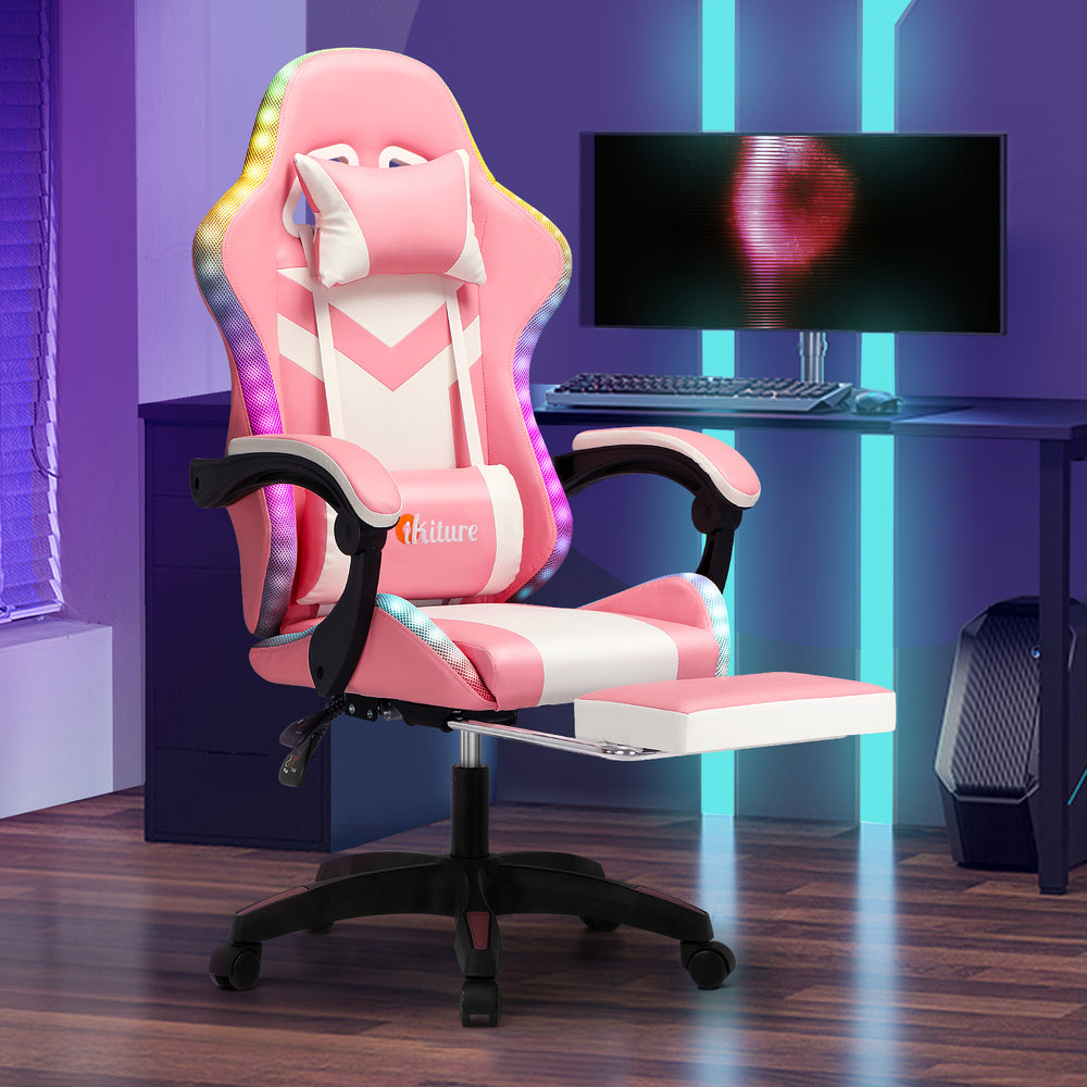 Oikiture Racing Gaming Chair 7 RGB LED 8 Points Massage Pink&White-Racing Gaming Chairs-PEROZ Accessories