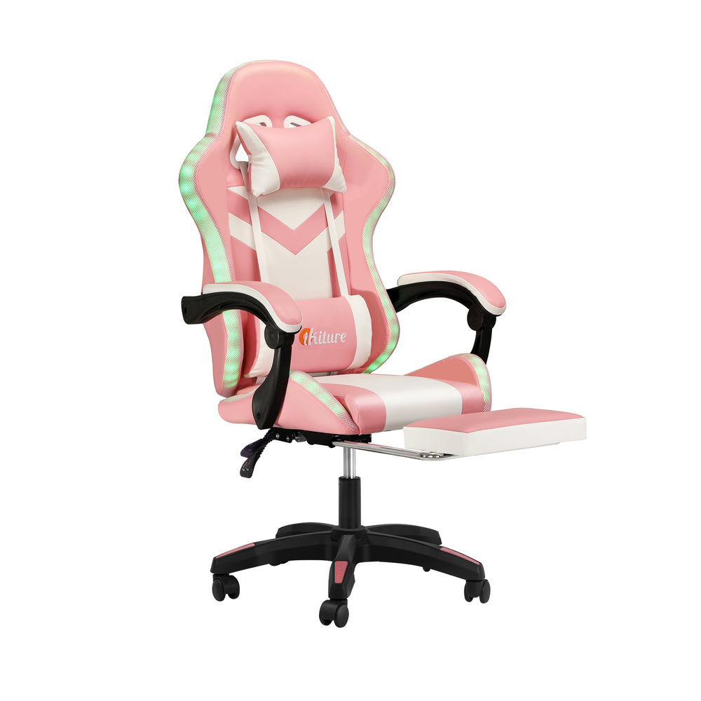 Oikiture Racing Gaming Chair 7 RGB LED 8 Points Massage Pink&White-Racing Gaming Chairs-PEROZ Accessories