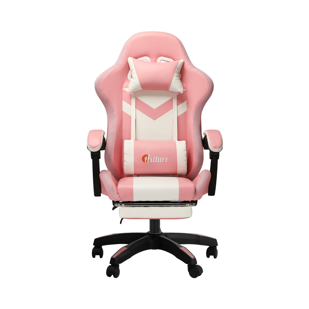 Oikiture Racing Gaming Chair 7 RGB LED 8 Points Massage Pink&White-Racing Gaming Chairs-PEROZ Accessories