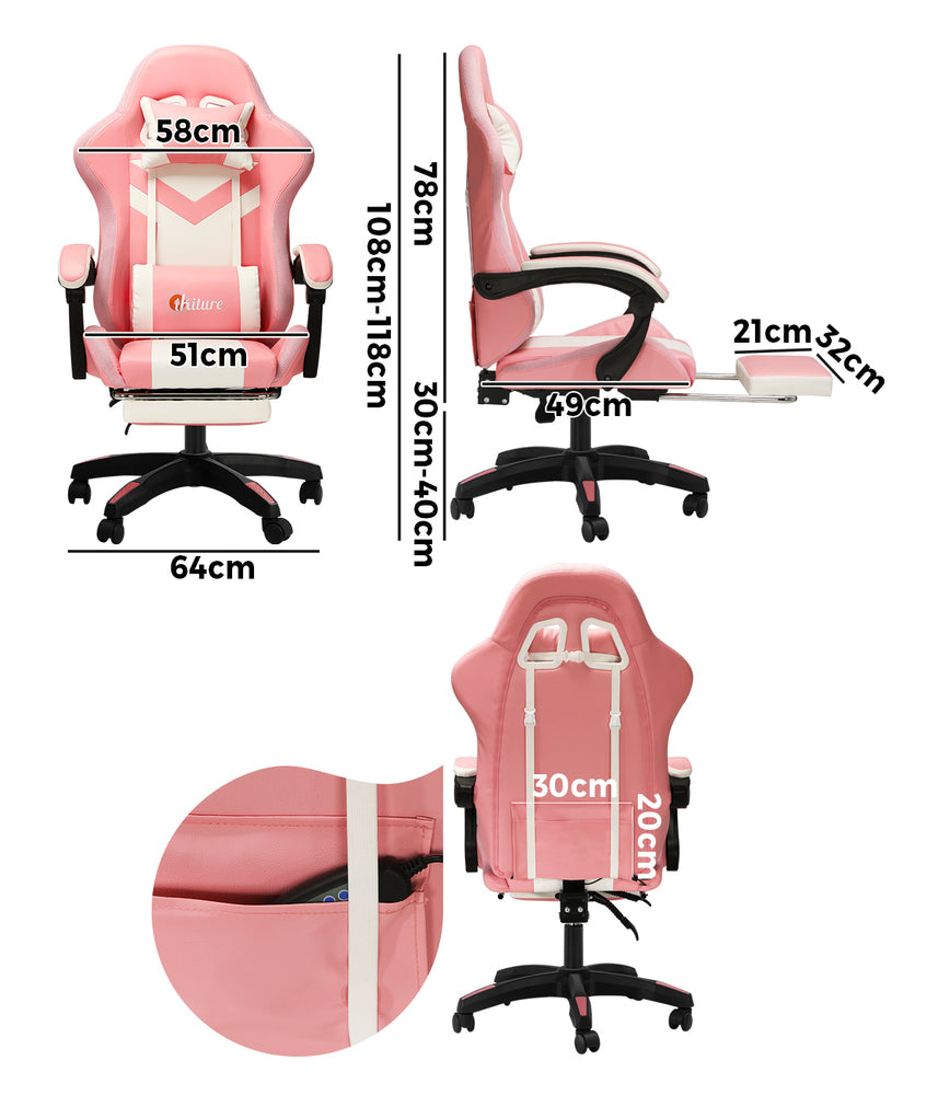 Oikiture Racing Gaming Chair 7 RGB LED 8 Points Massage Pink&White-Racing Gaming Chairs-PEROZ Accessories