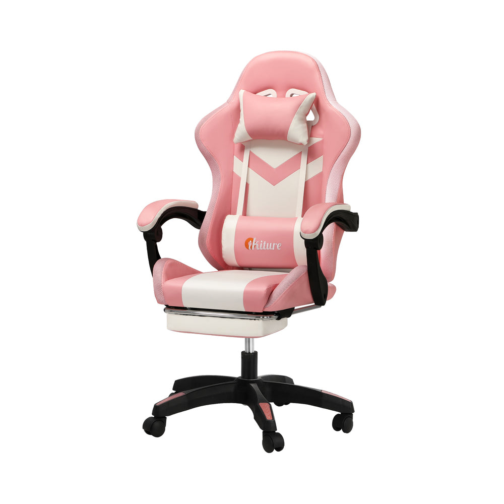 Oikiture Racing Gaming Chair 7 RGB LED 8 Points Massage Pink&White-Racing Gaming Chairs-PEROZ Accessories