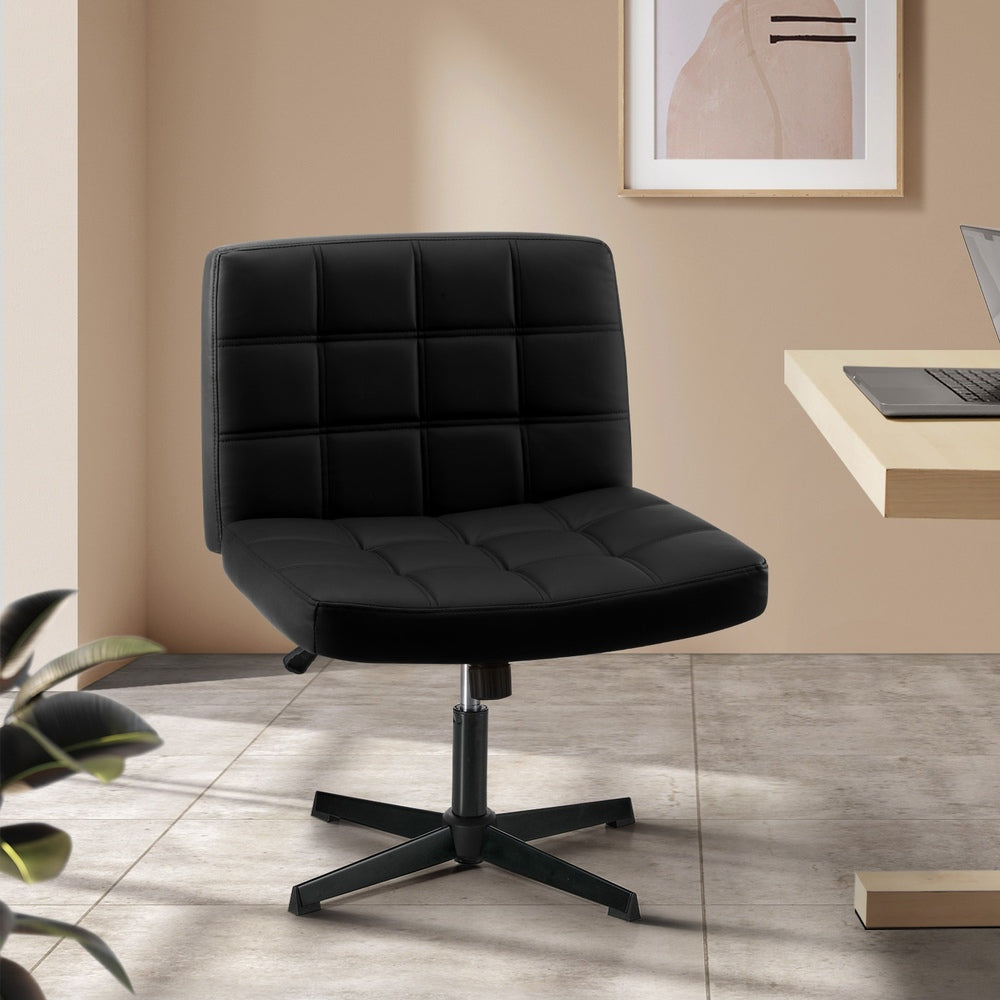 Oikiture Mid Back Office Chair Wide Seat Leather Black No Wheels-Office Chair-PEROZ Accessories