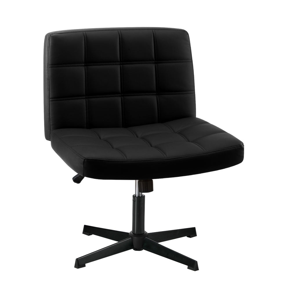 Oikiture Mid Back Office Chair Wide Seat Leather Black No Wheels-Office Chair-PEROZ Accessories