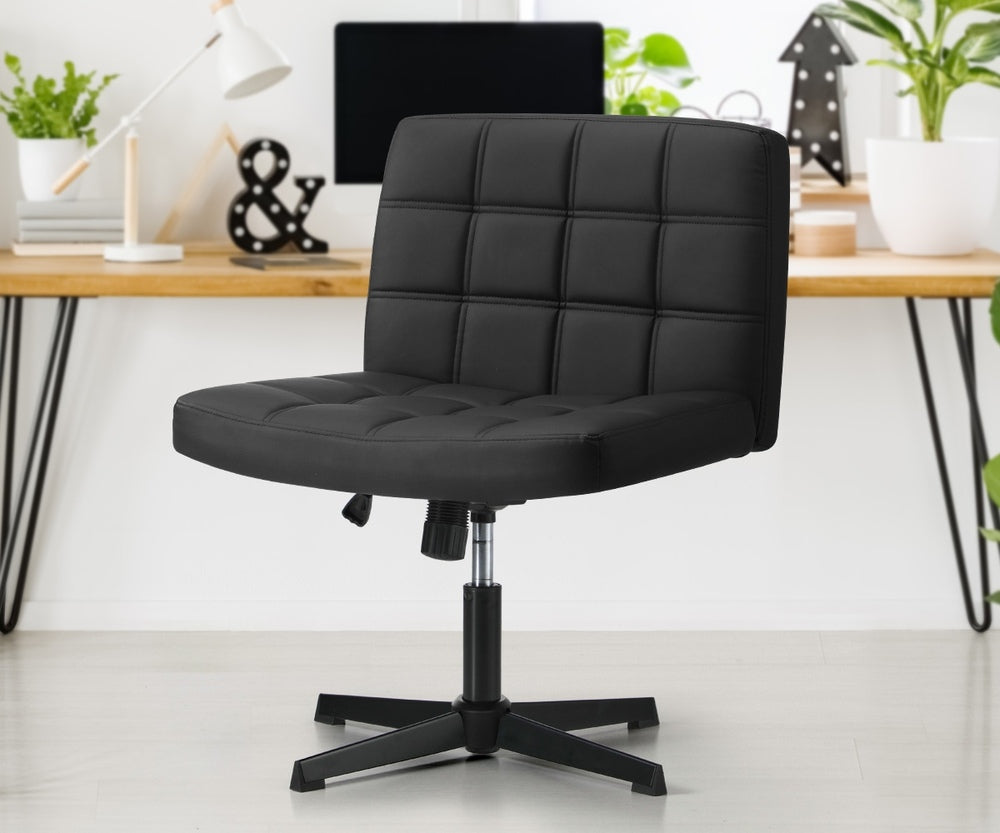 Oikiture Mid Back Office Chair Wide Seat Leather Black No Wheels-Office Chair-PEROZ Accessories