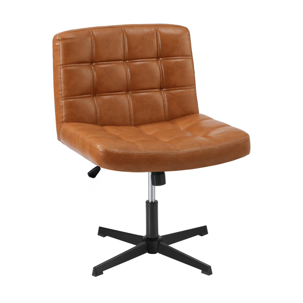 Oikiture Mid Back Office Chair Wide Seat Leather Brown No Wheels-Office Chair-PEROZ Accessories
