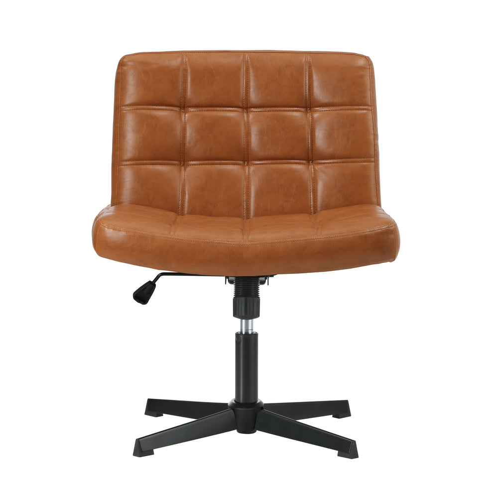 Oikiture Mid Back Office Chair Wide Seat Leather Brown No Wheels-Office Chair-PEROZ Accessories