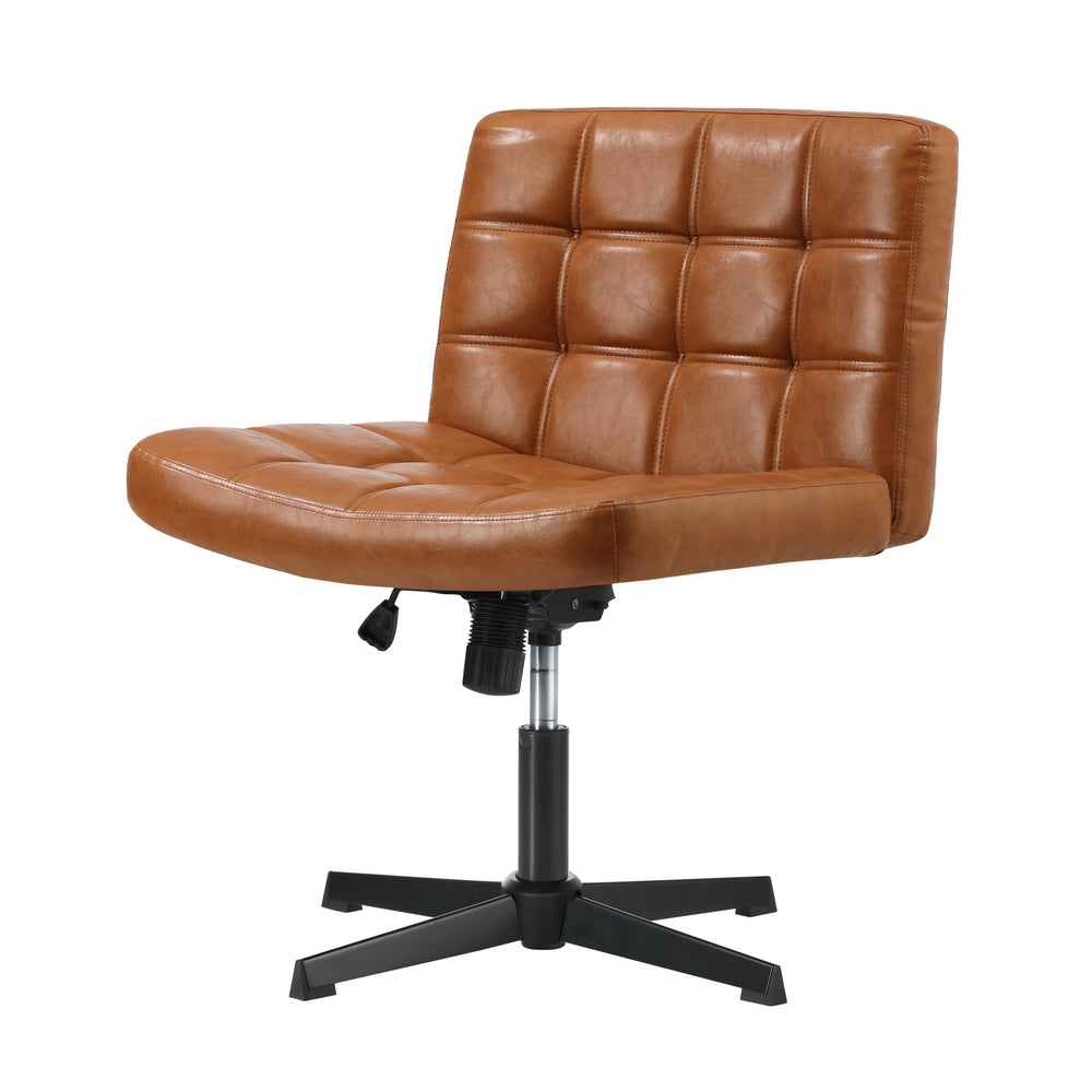 Oikiture Mid Back Office Chair Wide Seat Leather Brown No Wheels-Office Chair-PEROZ Accessories