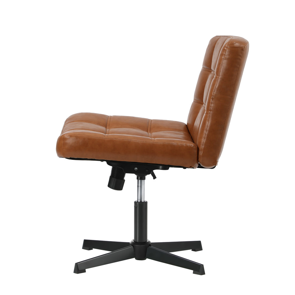 Oikiture Mid Back Office Chair Wide Seat Leather Brown No Wheels-Office Chair-PEROZ Accessories