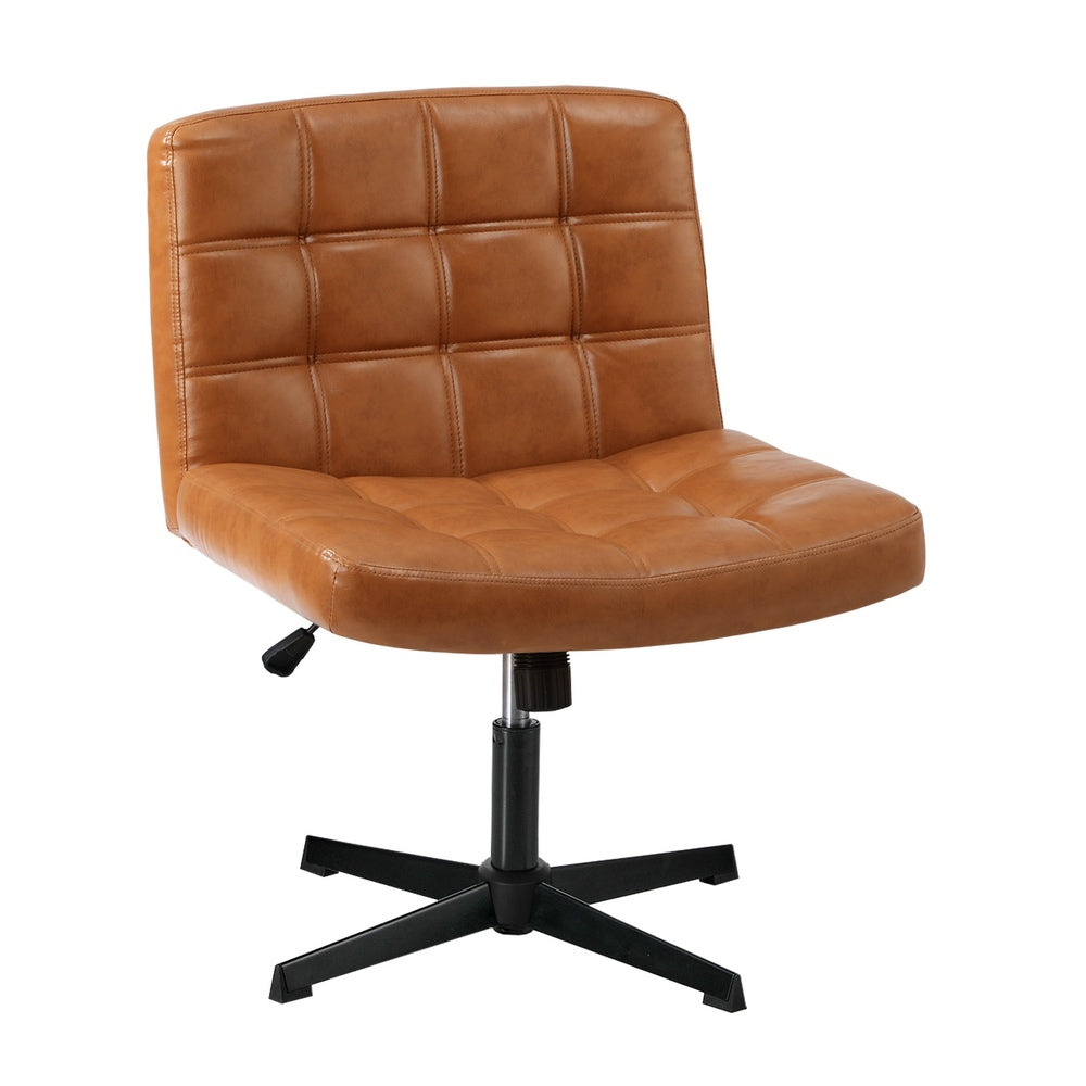 Oikiture Mid Back Office Chair Wide Seat Leather Brown No Wheels-Office Chair-PEROZ Accessories