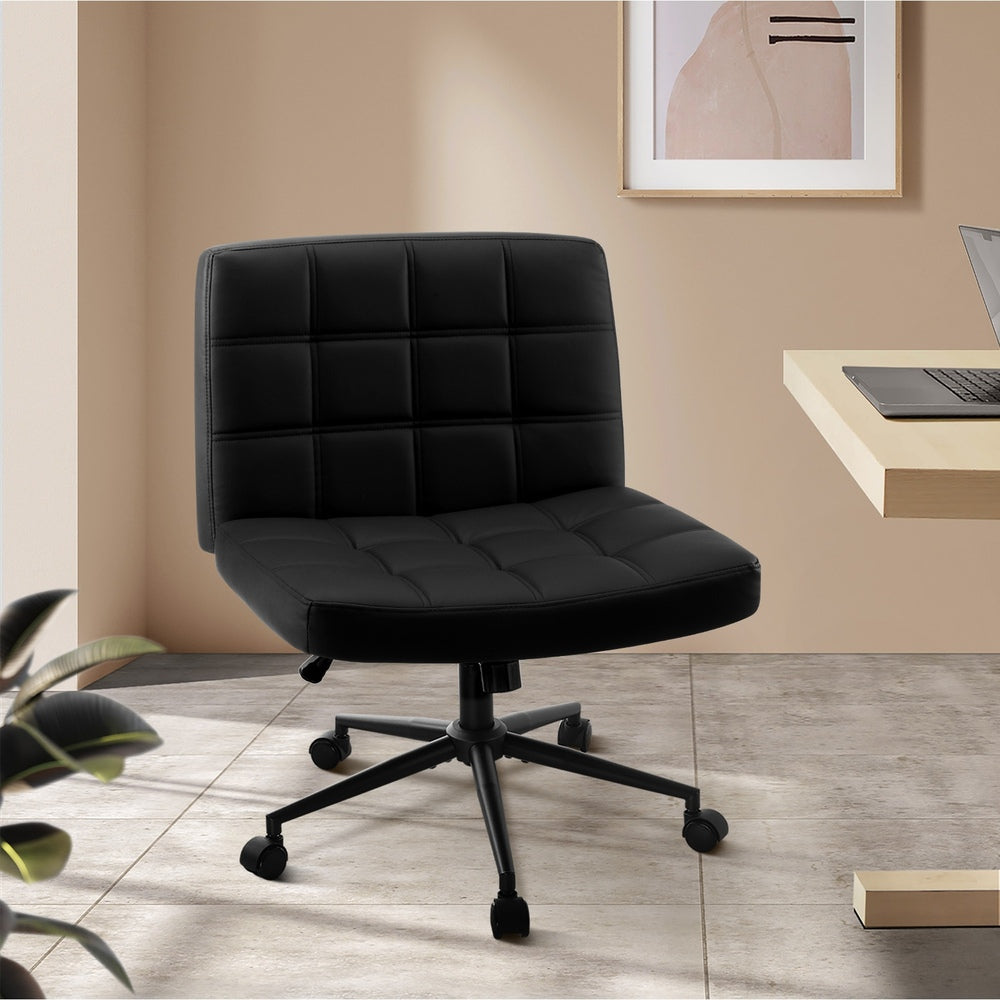 Oikiture Mid Back Office Chair Wide Seat PU Leather Black w/Wheels-Office Chair-PEROZ Accessories