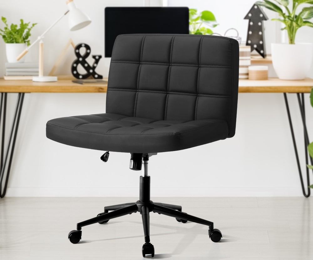 Oikiture Mid Back Office Chair Wide Seat PU Leather Black w/Wheels-Office Chair-PEROZ Accessories