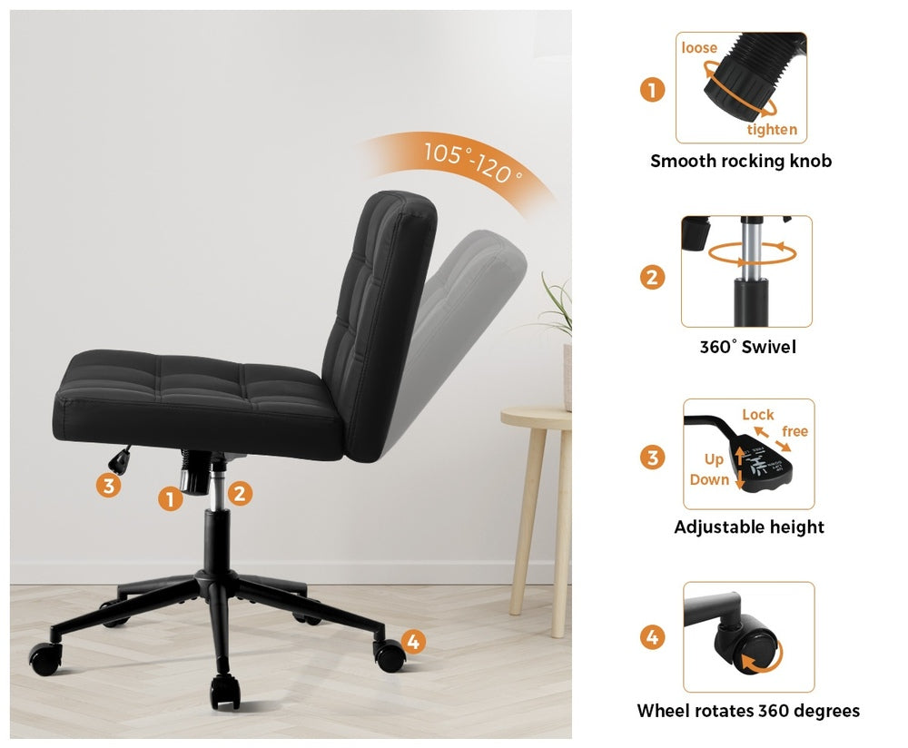 Oikiture Mid Back Office Chair Wide Seat PU Leather Black w/Wheels-Office Chair-PEROZ Accessories