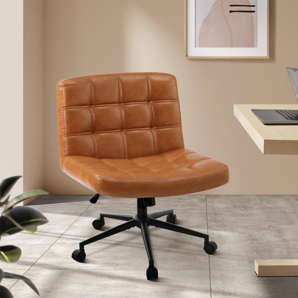 Oikiture Mid Back Office Chair Wide Seat PU Leather Brown w/Wheels-Office Chair-PEROZ Accessories