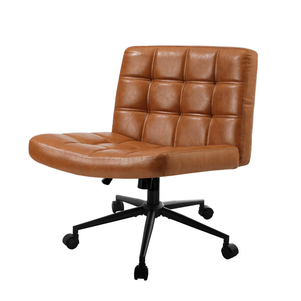 Oikiture Mid Back Office Chair Wide Seat PU Leather Brown w/Wheels-Office Chair-PEROZ Accessories
